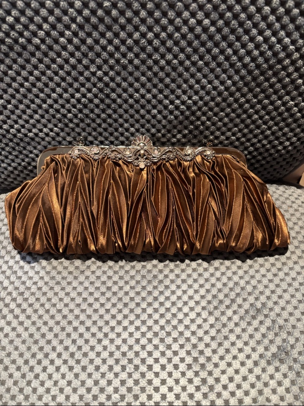 Elegant Brown T*N*S Satin Ruched Evening Clutch with Rhinestone Frame New w tags